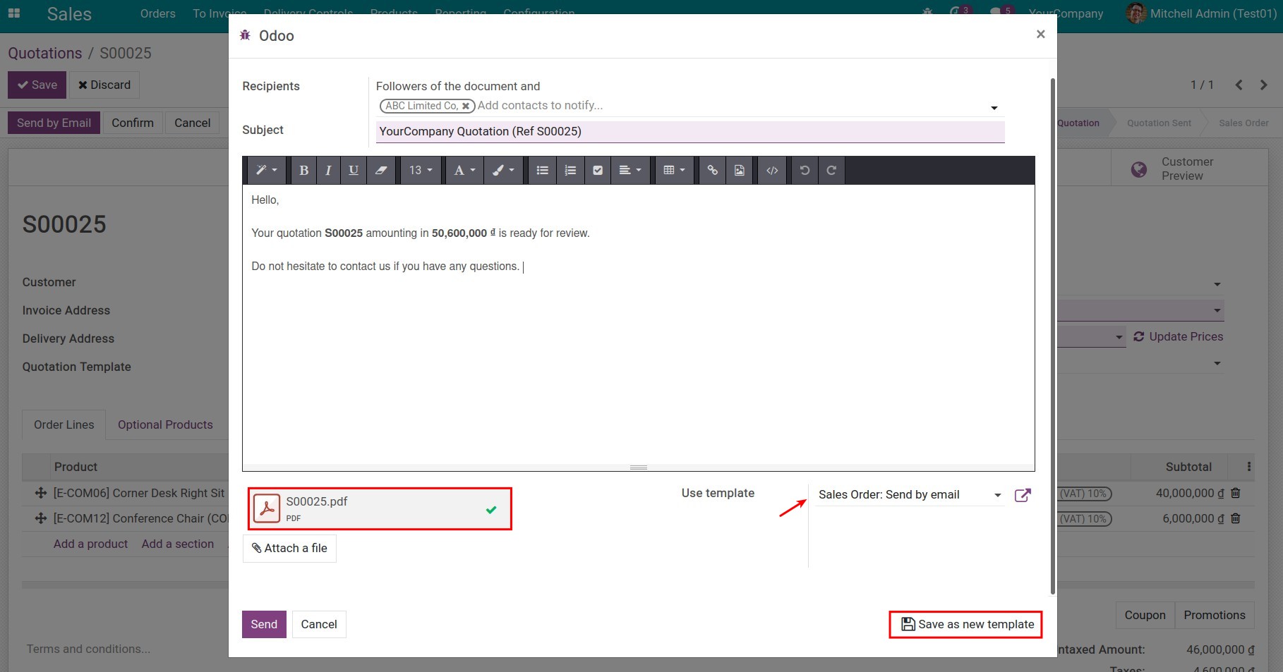 Send the quotation to the customer