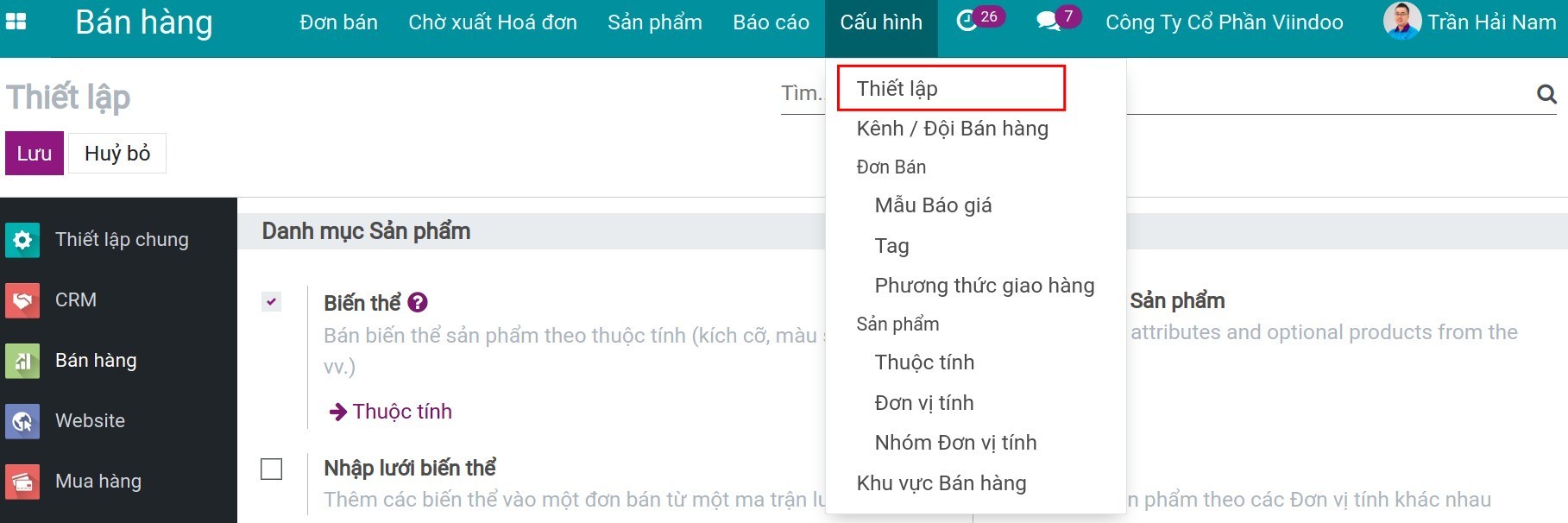 Cấu hình sản phẩm tùy chọn trong bán hàng - Viindoo.