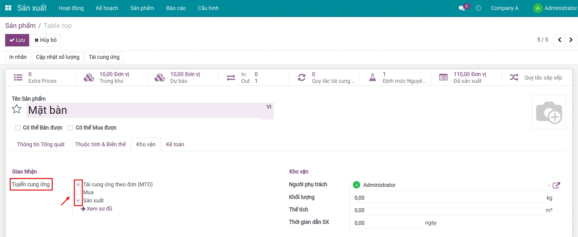 Kích hoạt các tuyến cung ứng cho bán thành phẩm trong Phần mềm quản lý sản xuất Viindoo