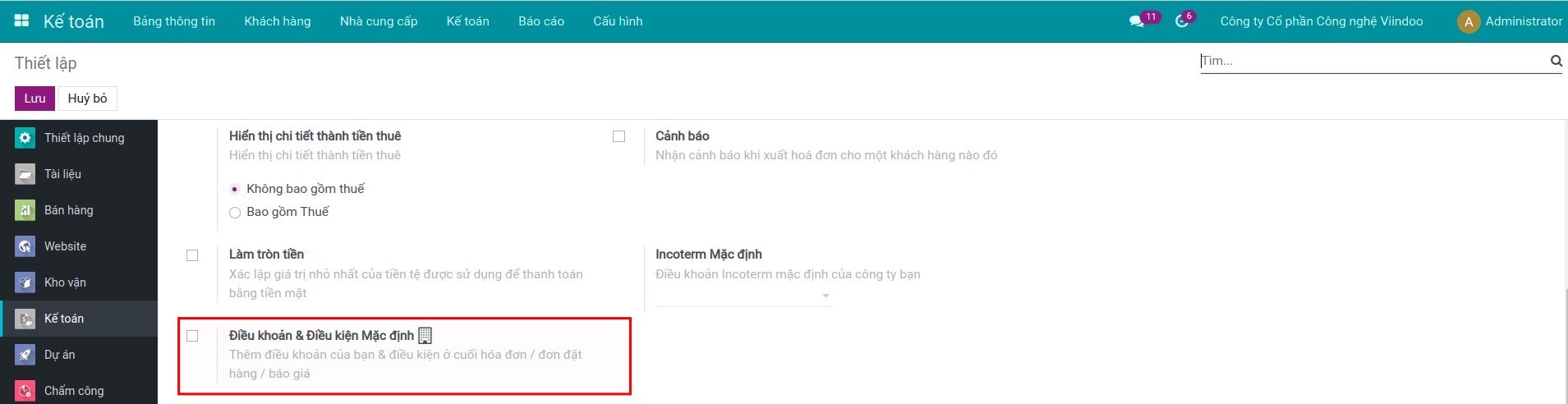 Kích hoạt điều kiện và điều khoản mặc định trên Viindoo