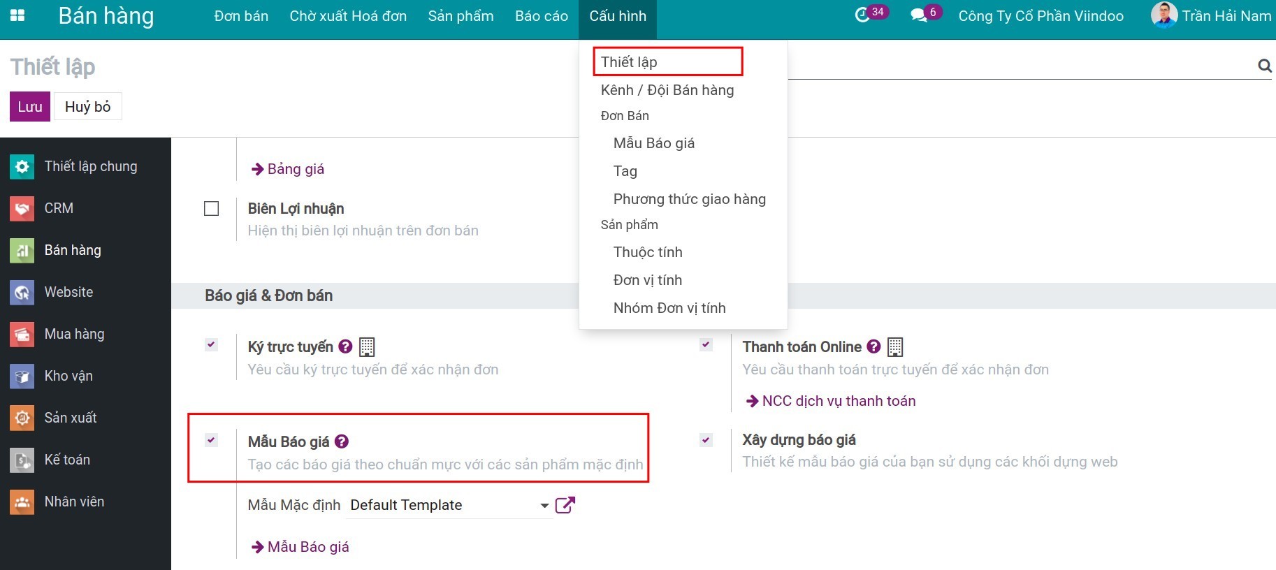Kích hoạt mẫu báo giá - Viindoo