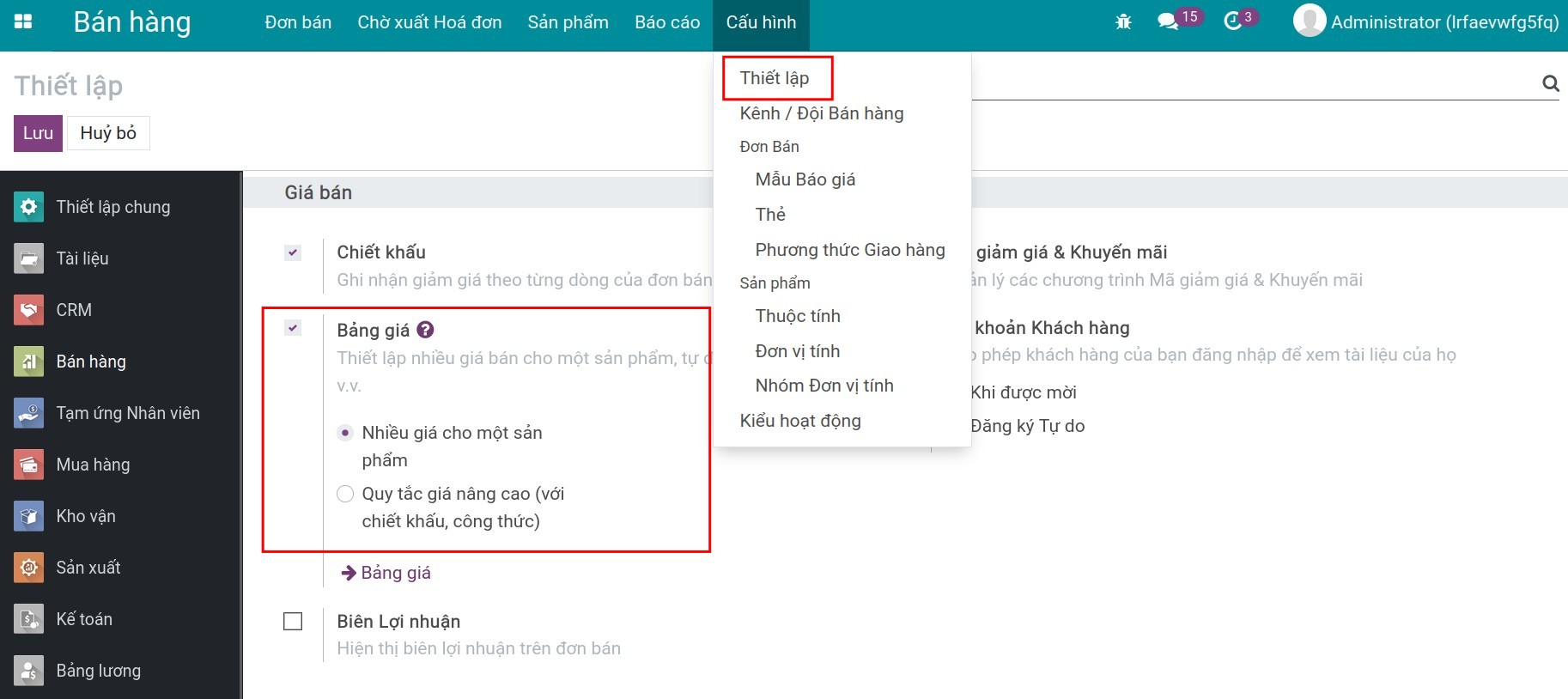Kích hoạt tính năng bảng giá