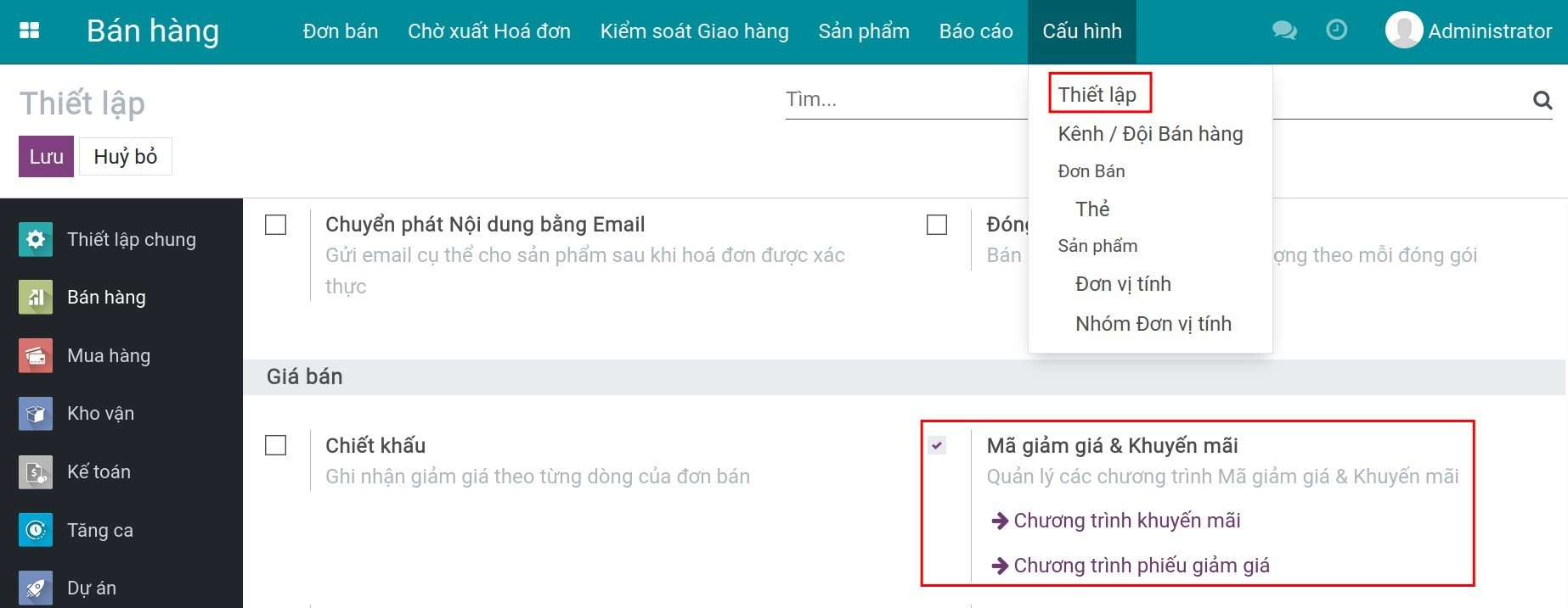 Cài đặt tính năng chương trình phiếu giảm giá trong Viindoo