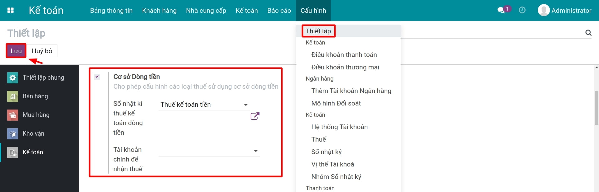 Kích hoạt tính năng Cơ sở dòng tiền