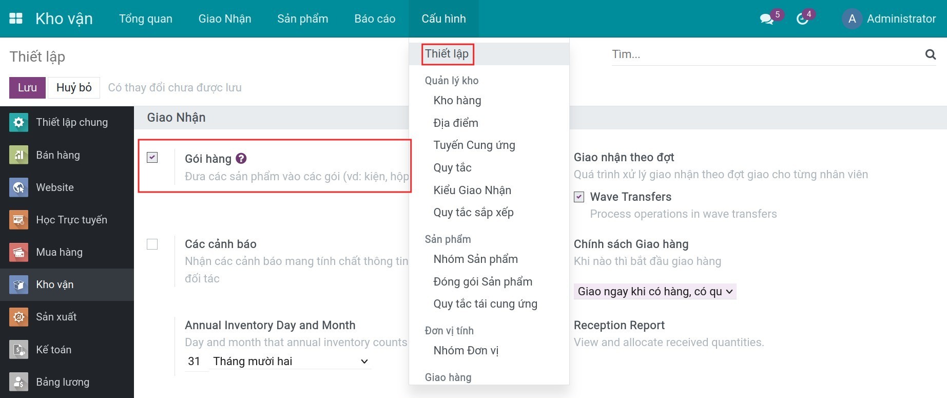 Kích hoạt tính năng gói hàng trong Phần mềm Quản lý kho của Viindoo