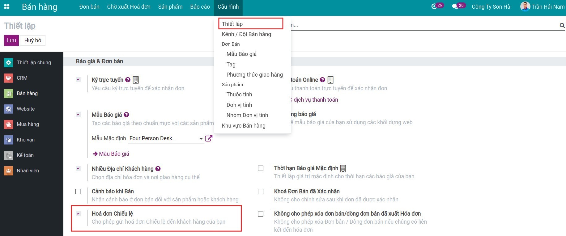 Kích hoạt tính năng hóa đơn chiếu lệ - Viindoo