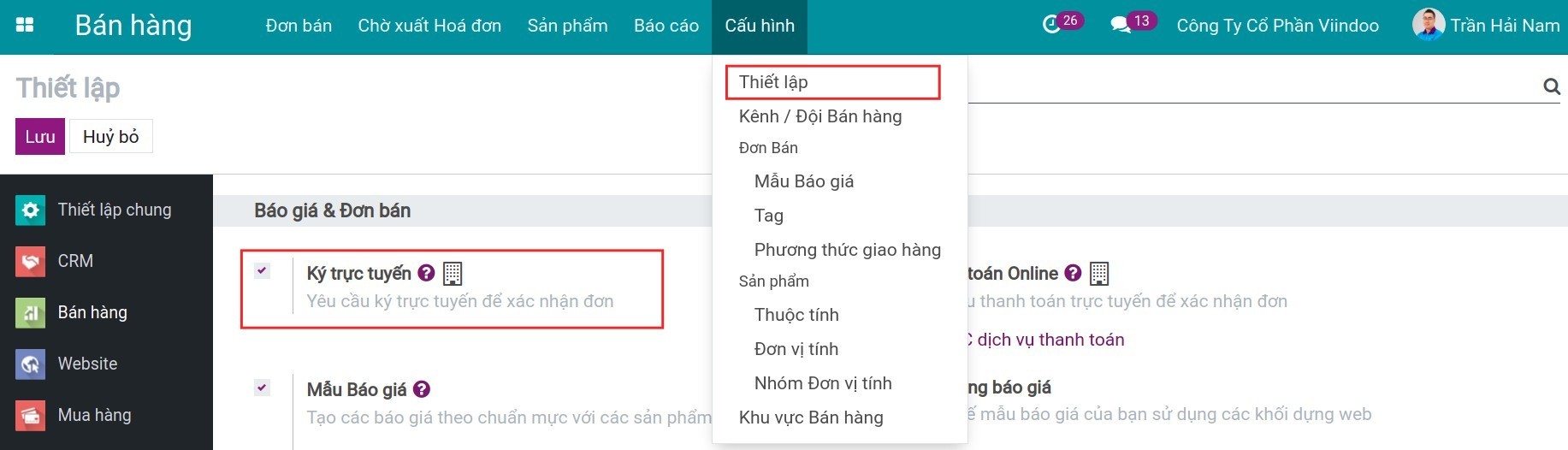 Kích hoạt tính năng ký trực tuyến - Viindoo