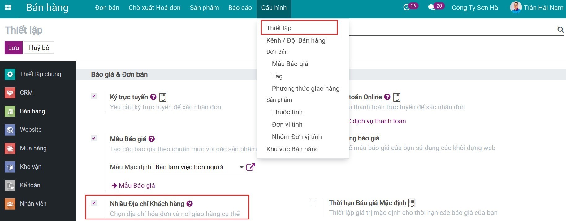 Kích hoạt tính năng nhiều loại địa chỉ Sales Viindoo