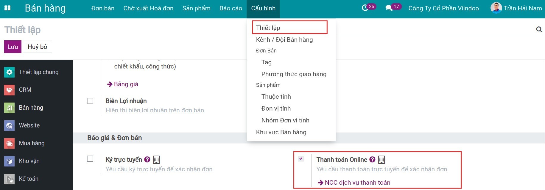 Kích hoạt tính năng thanh toán trực tuyến Online Payment- Viindoo.