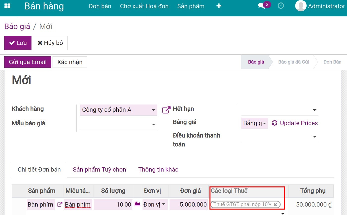 Thuế được chọn mặc định trên đơn bán.