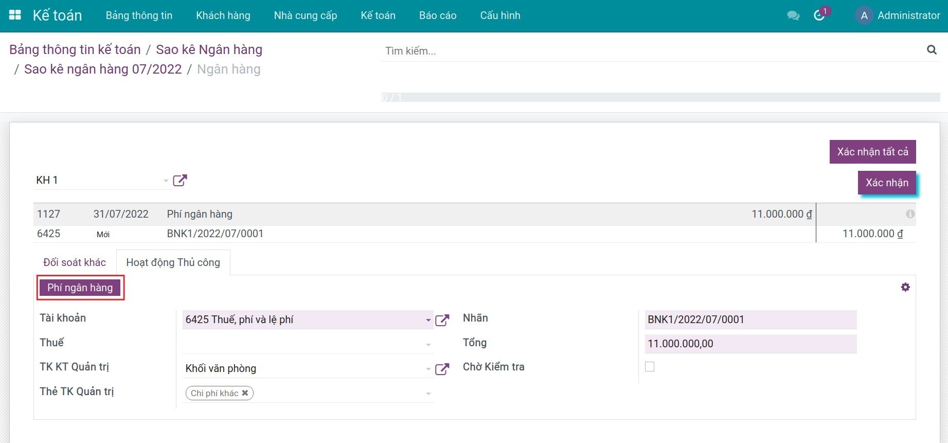 Nút bấm mô hình đối soát thủ công trên Viindoo