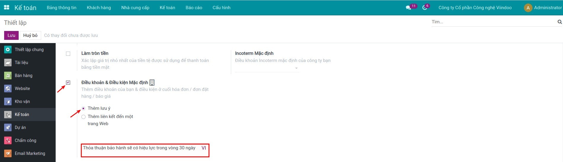 Thêm lưu ý cho điều kiện và điều khoản mặc định trên Viindoo