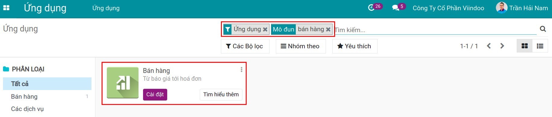 Cài đặt ứng dụng Bán hàng - Viindoo