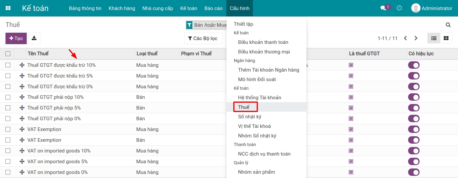 Chọn thuế cần điều chỉnh thiết lập