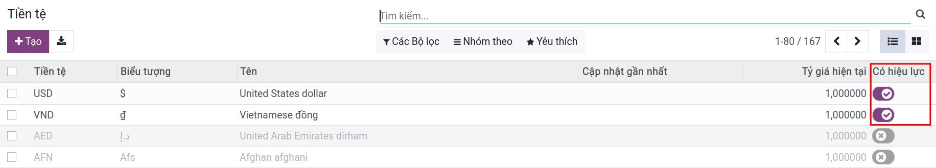 Kích hoạt loại tiền tệ mới