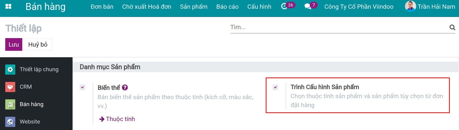 Kích hoạt trình cấu hình sản phẩm - Viindoo.