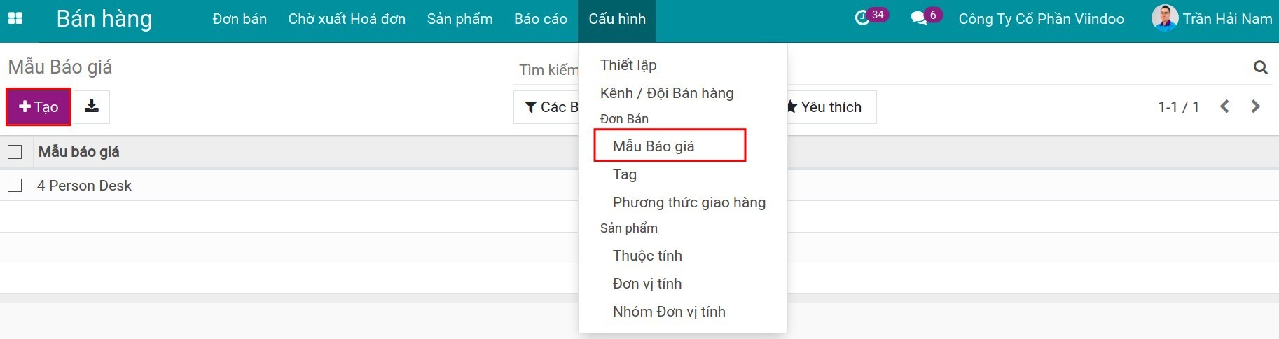 Tạo mẫu báo giá - Viindoo