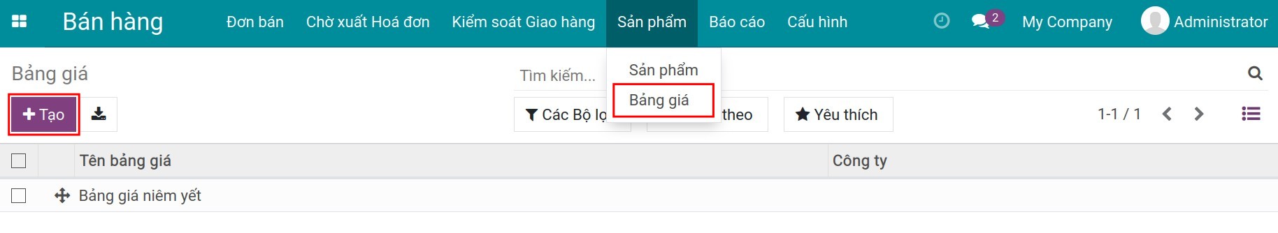Tạo mới bảng giá với nhiều giá cho một sản phẩm