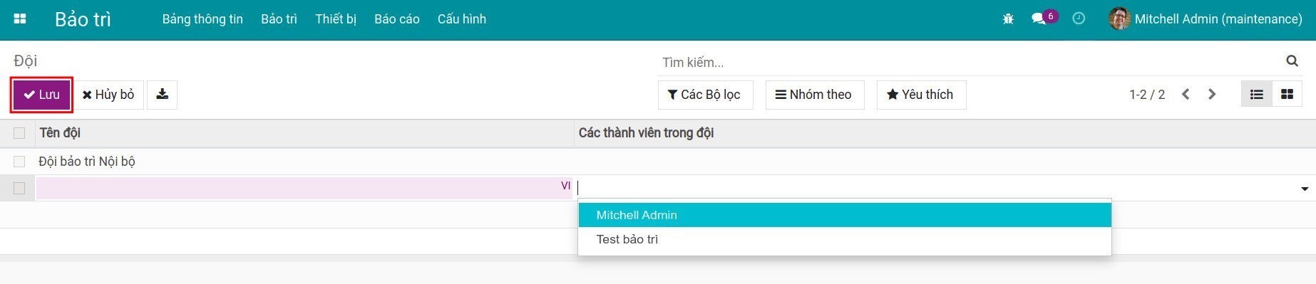 Thiết lập thông tin đội bảo trì