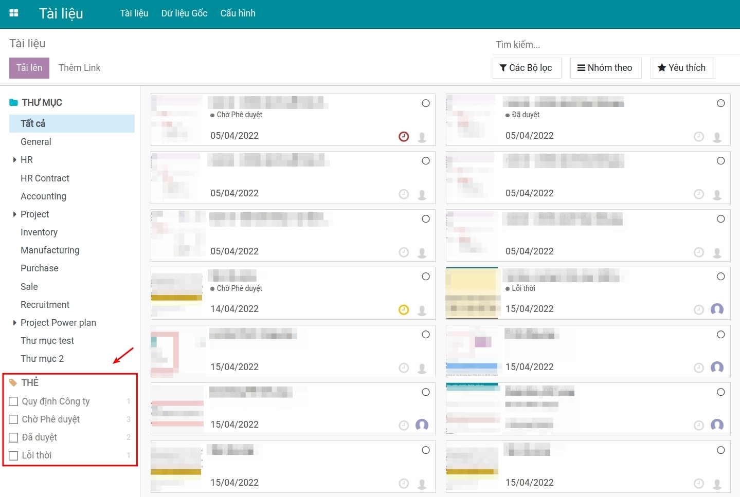 Tra cứu tài liệu bằng thẻ trong ứng dụng Tài liệu Viindoo