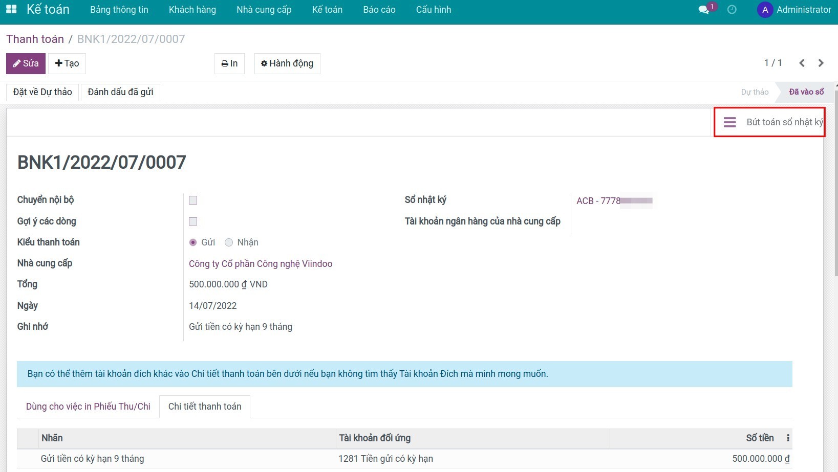 Xem bút toán kế toán trên Viindoo