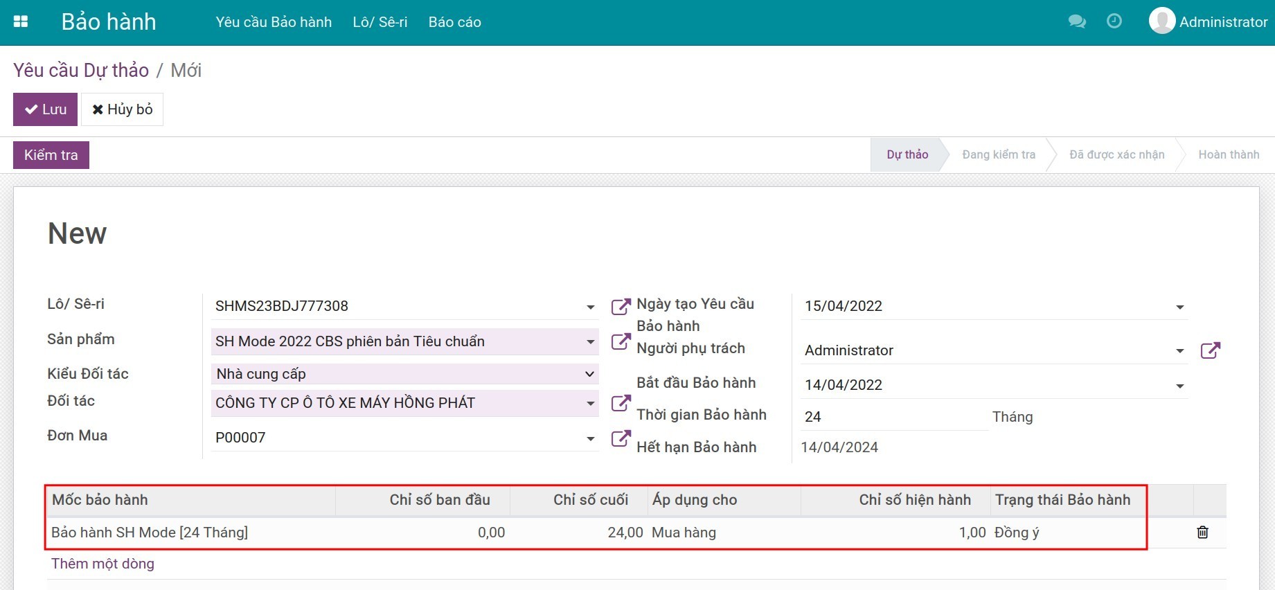 Điền chỉ số hiện tại trên phiếu bảo hành