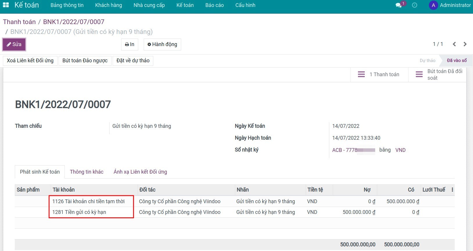 Bút toán sổ nhật ký tiền gửi có kỳ hạn