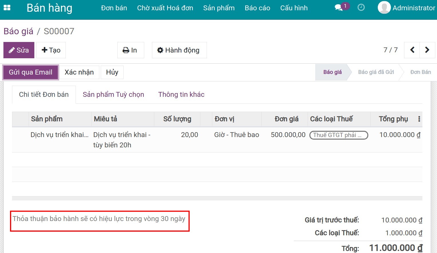 Điều kiện chung hiển thị trên báo giá
