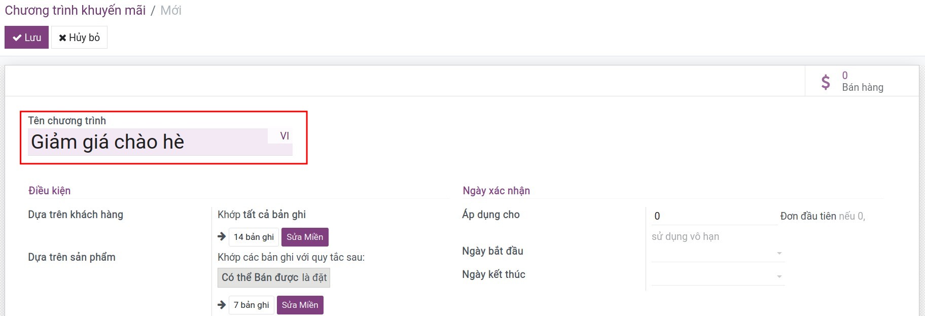 Thiết lập điều kiện chương trình khuyến mãi