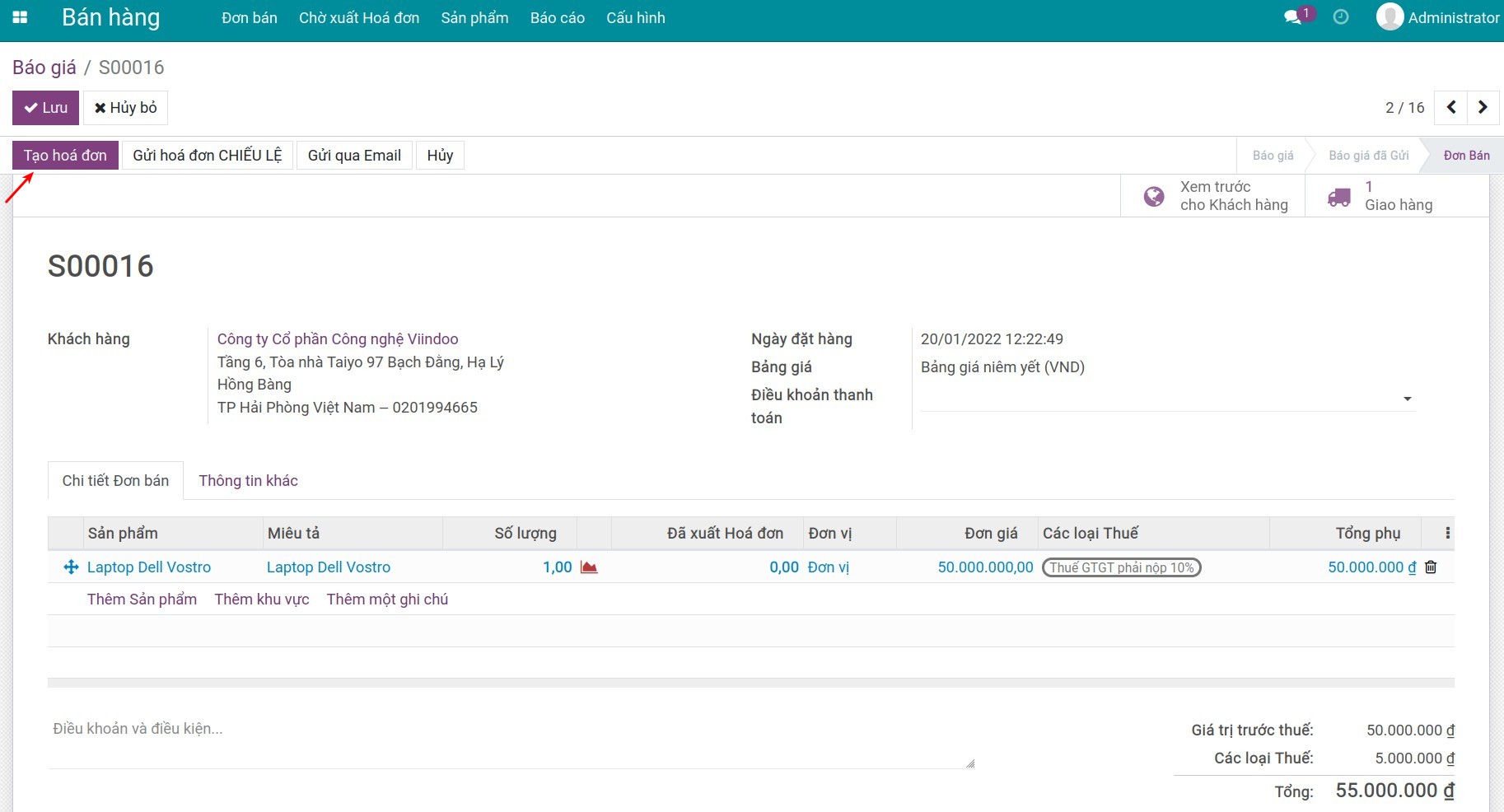 Tạo hóa đơn bán hàng - Phần mềm kế toán Viindoo