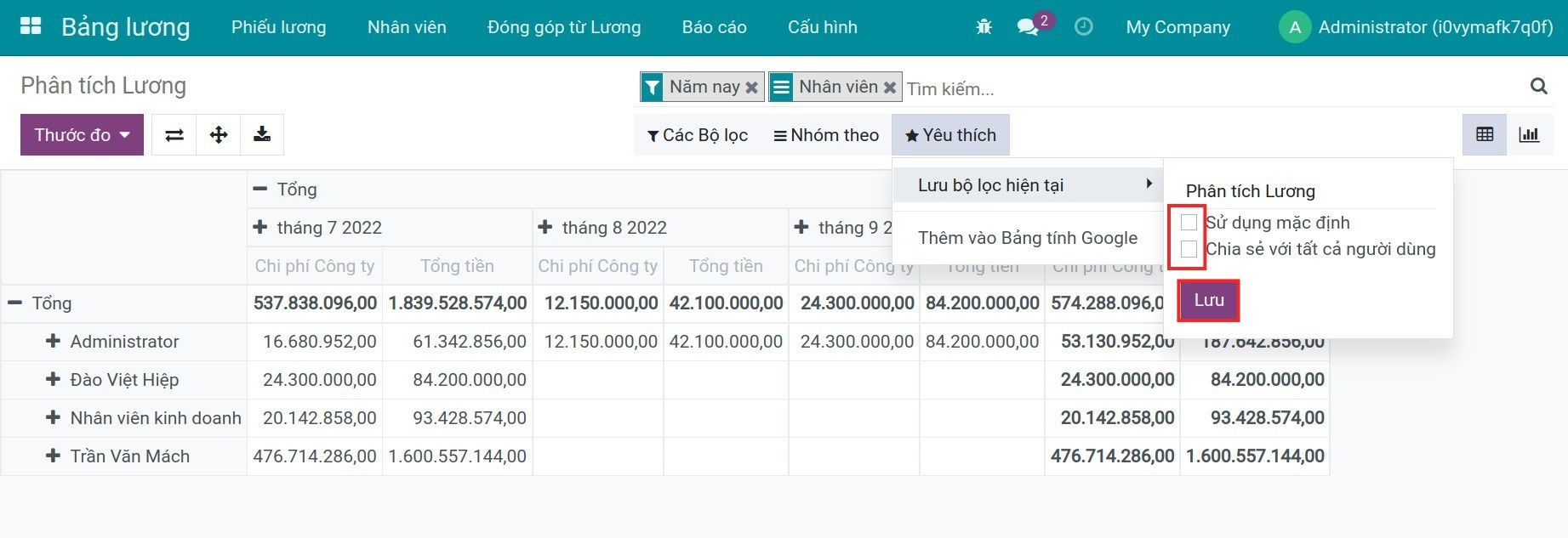 Bộ lọc yêu thích - Phần mềm quản lý tiền lương Viindoo