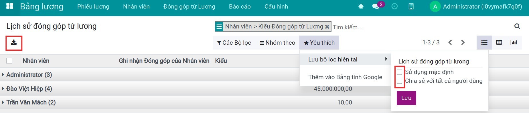Lưu vào bộ lọc yêu thích - Kế toán lương Viindoo