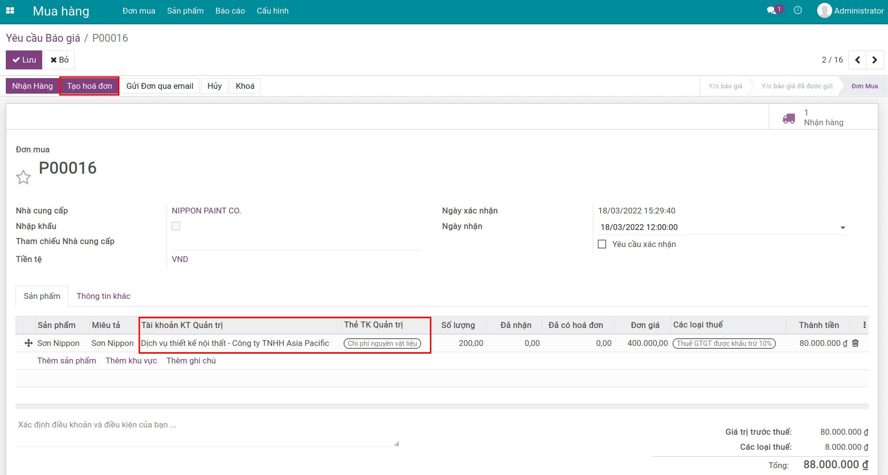 Gắn tài khoản quản trị lên đơn mua - Kế toán Viindoo