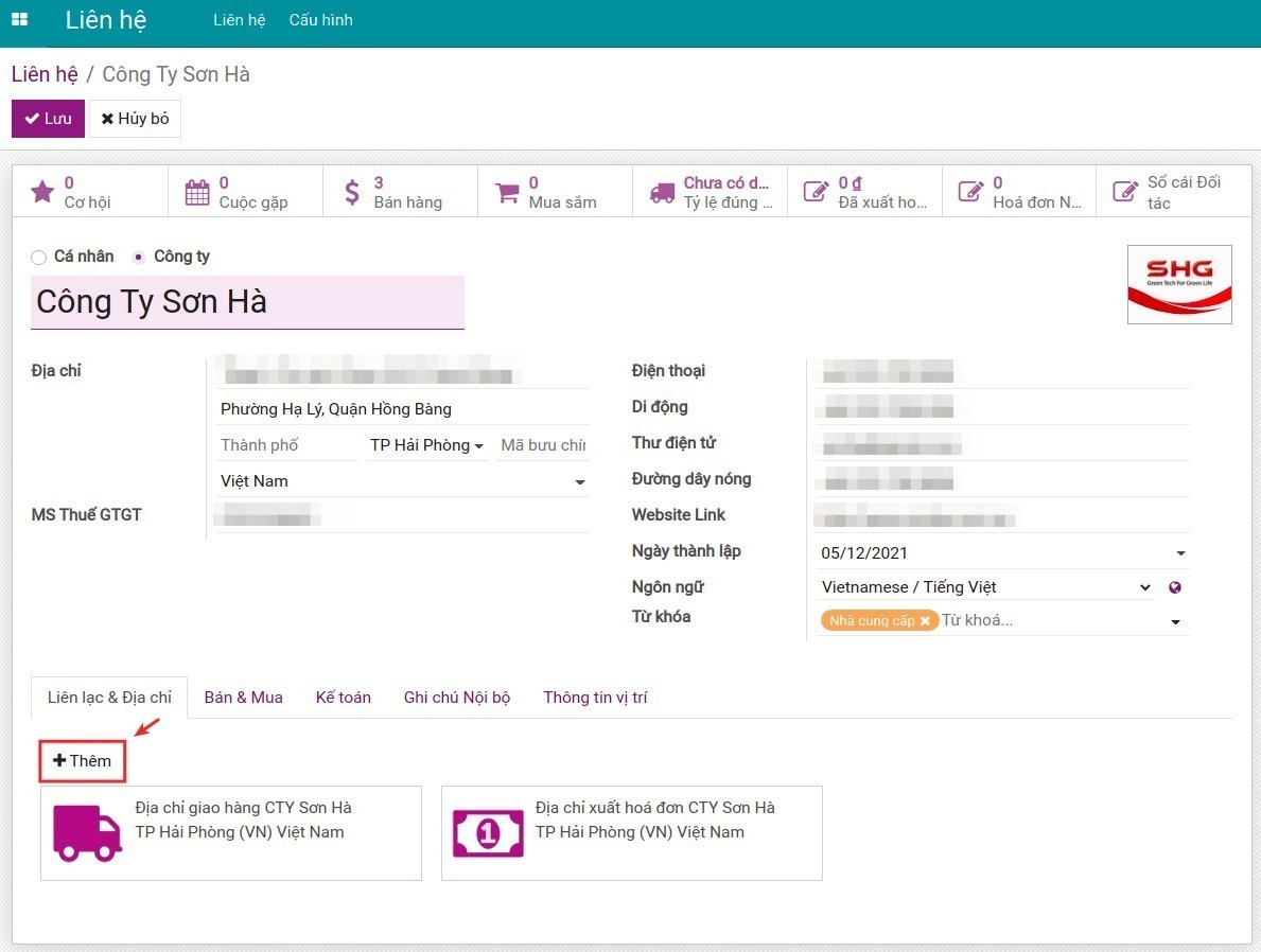 Thêm địa chỉ xuất hóa đơn và địa chỉ giao hàng Contacts Viindoo
