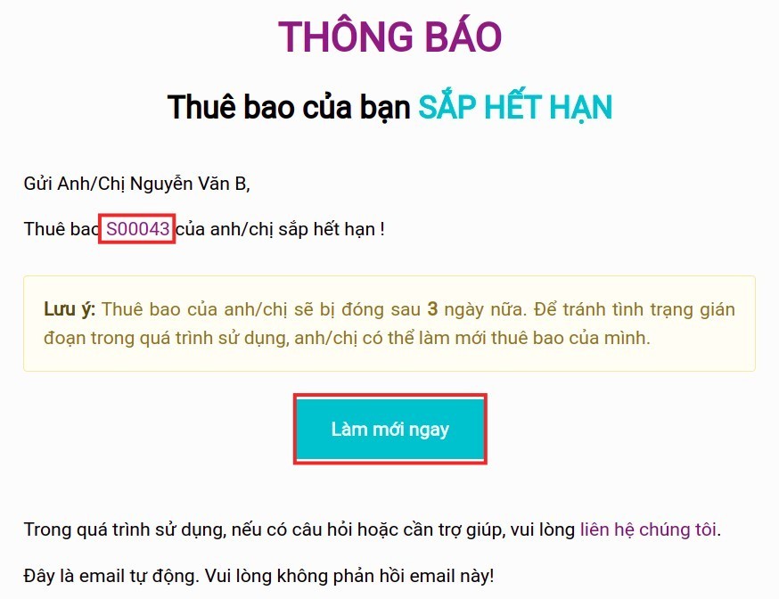 Thông báo gia hạn thuê bao Viindoo