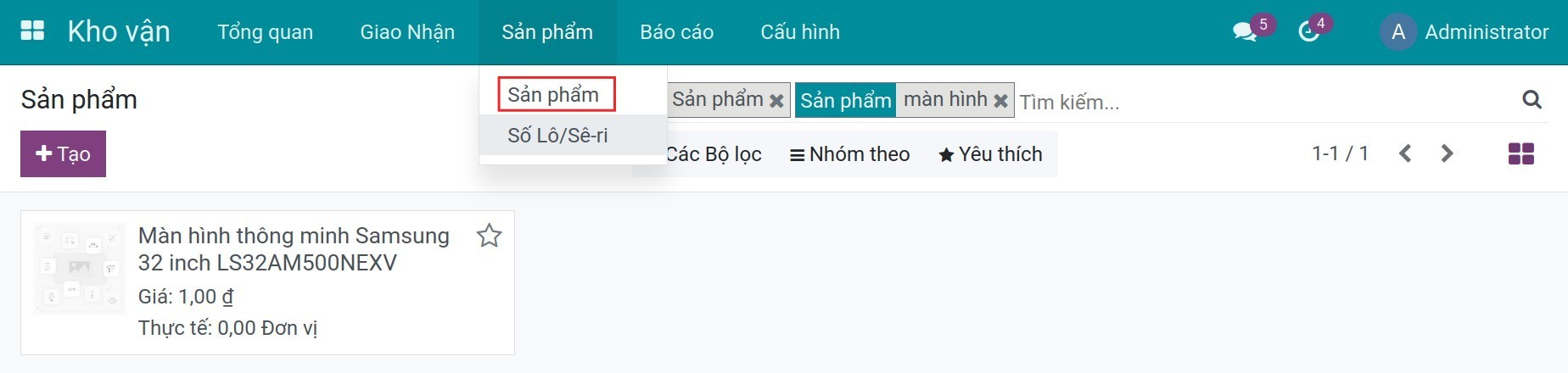 Tìm sản phẩm trong Phần mềm Quản lý kho của Viindoo