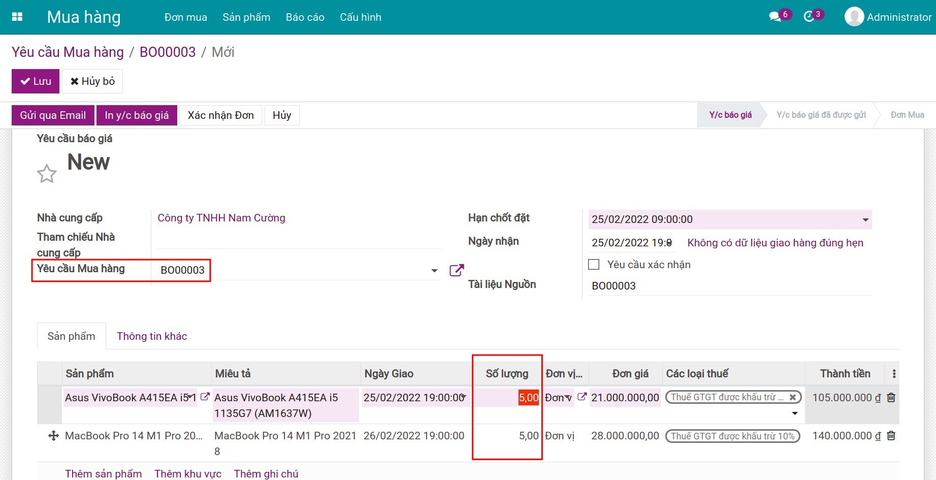 Điền thông tin Yêu cầu báo giá gắn tới đơn mua tổng quát