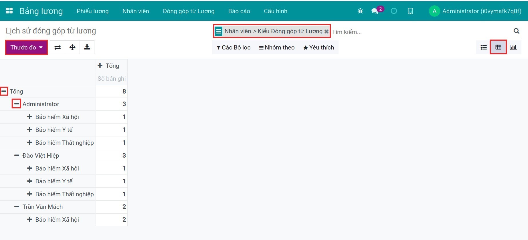 Báo cáo lịch sử đóng góp từ lương dạng pivot - Kế toán lương Viindoo