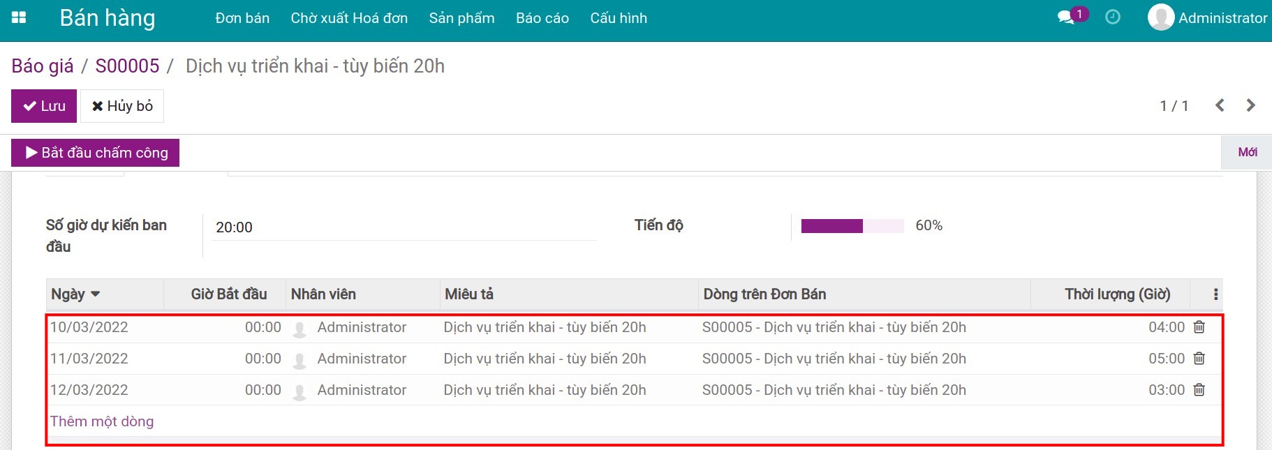 Chấm công trên nhiệm vụ Viindoo.