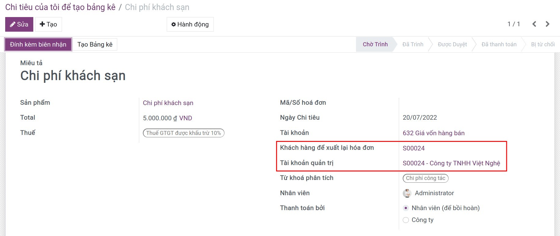 Ghi nhận chi phí trên chi tiêu.