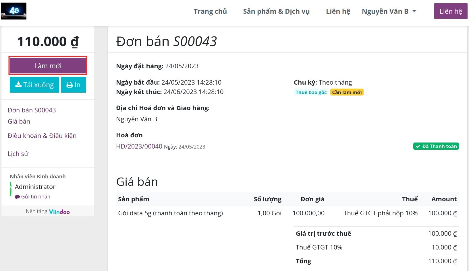 Gia hạn gói dịch vụ thuê bao Viindoo
