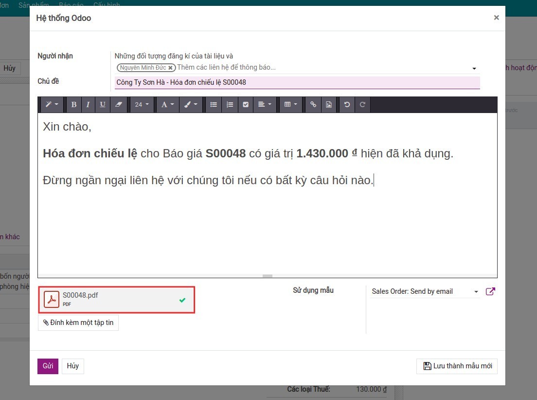 Hóa đơn chiếu lệ đính kèm trong email - Viindoo