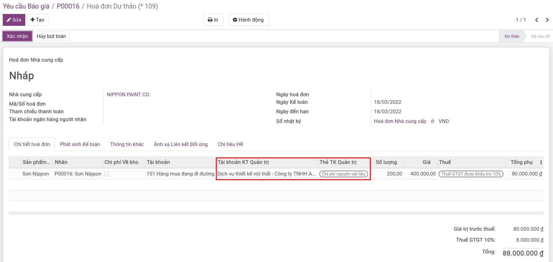 Theo dõi chi phí trên hóa đơn - Kế toán Viindoo