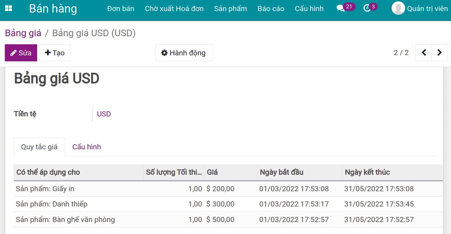 Tạo bảng giá cho ngoại tệ