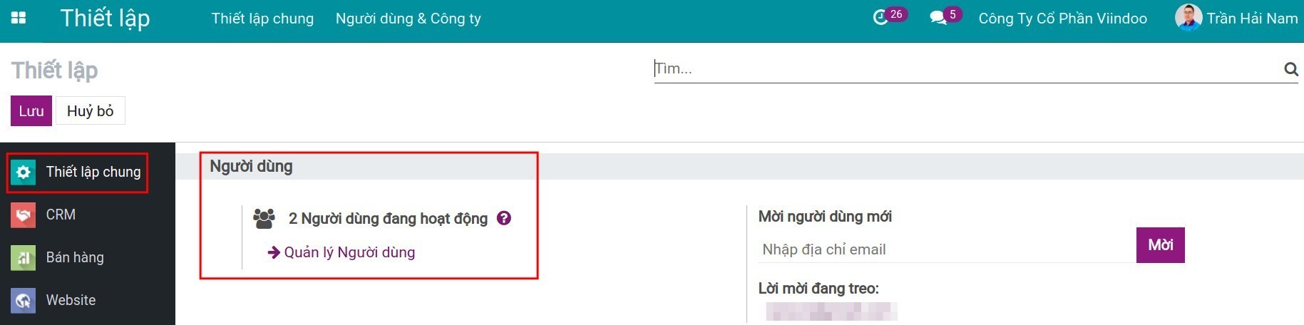 Thiết lập chung quản lý người dùng - Viindoo