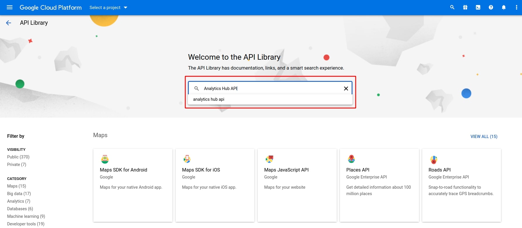 Tìm kiếm Analytics Hub API trong Google APIs platform