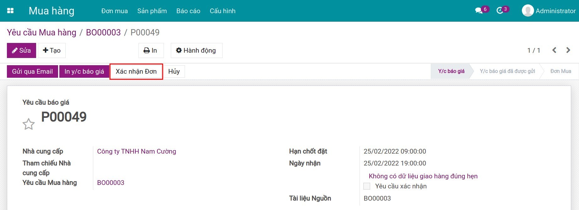 Xác nhận Yêu cầu báo giá