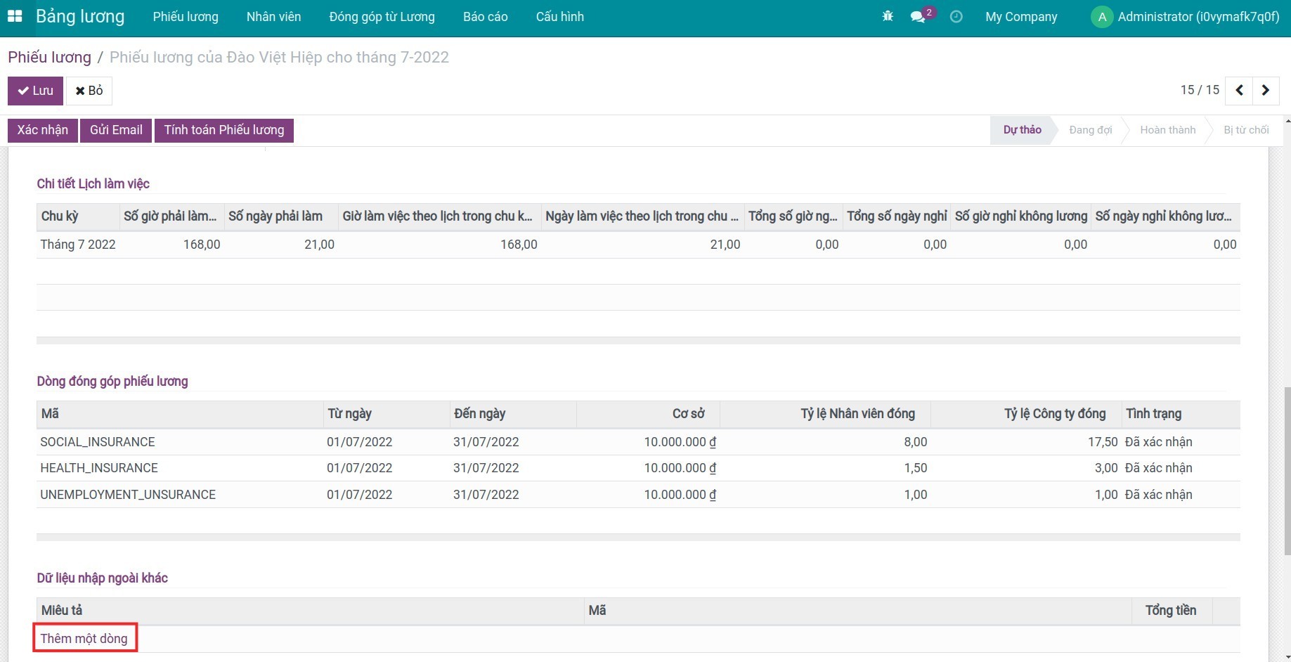 Chi tiết đóng góp trên phiếu lương Viindoo