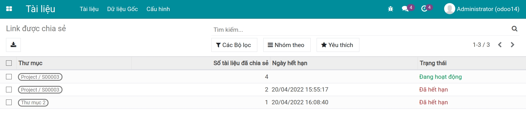 Danh sách link được chia sẻ trong Viindoo
