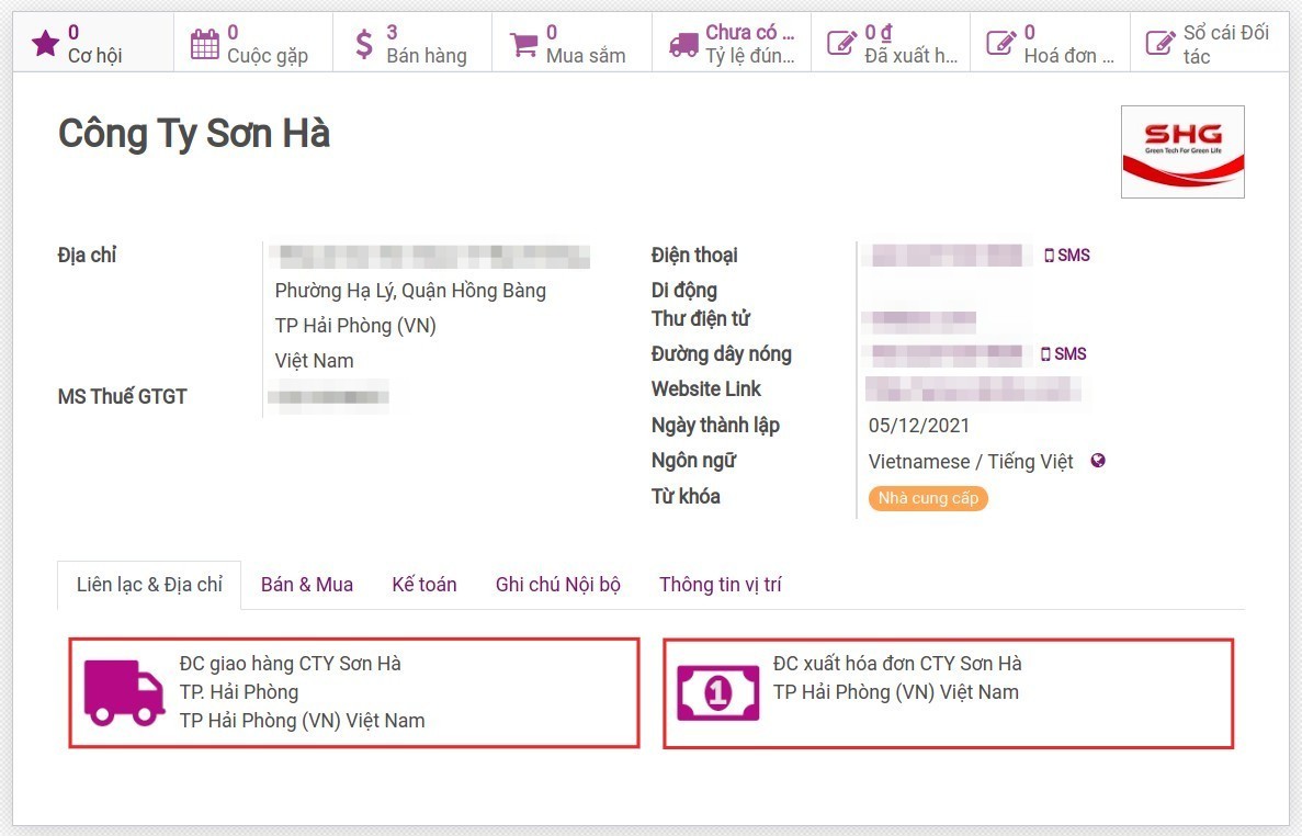 Địa chỉ hóa đơn và địa chỉ giao hàng trong liên hệ Contacts Viindoo